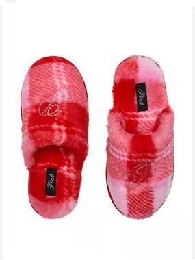 Pink Faux-Fur Plaid Closed-Toe Slippers with Bling "P"